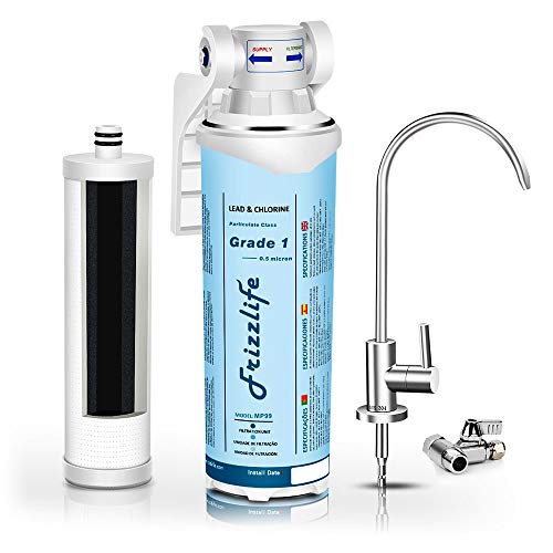 Frizzlife Under Sink Water Filter-Quick Change Under Counter Drinking Water Filtration System-0.5 Micron High Precise Removes 99.99% Lead, Chlorine, Bad Taste & Odor-with Dedicated Faucet.