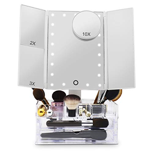 FASCINATE Trifold Lighted Mirror with Acrylic Storage Organizer Box, Vanity Makeup Mirror with Lights and 2X 3X 10X Magnification, 21 LED Touch 180° Rotate Cosmetic Desk Illuminated Mirror White