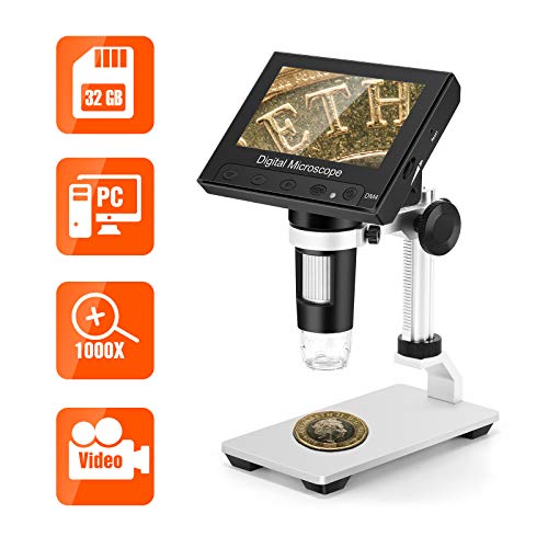 TOMLOV LCD Digital Microscope with 32GB SD Card, 4.3' 1000X Magnification Coin Microscope with Metal Stand, 8 LED Lights, Video Recorder for Observing Coin/Stamps/Plants/PCB, Supports Windows