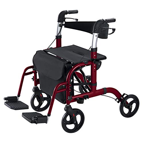 Vive Mobility Rollator Wheelchair Transport Chair - 4 Wheel Walker - Foldable Seat, Lightweight Elderly Adult Bariatric Mobility Aid - Medical Handicap Accessories Include Footrest, Cushion