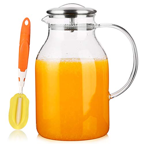 Hiware 68 Oz Glass Pitcher with Lid and Spout - High Heat Resistance Pitcher for Hot/Cold Water & Iced Tea, Cleaning Brush Included