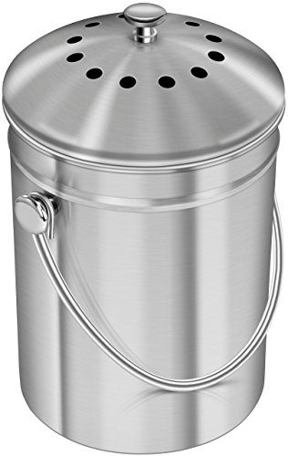 Utopia Kitchen Stainless Steel Compost Bin for Kitchen Countertop - 1.3 Gallon Compost Bucket for Kitchen with Lid - Includes 1 Spare Charcoal Filter