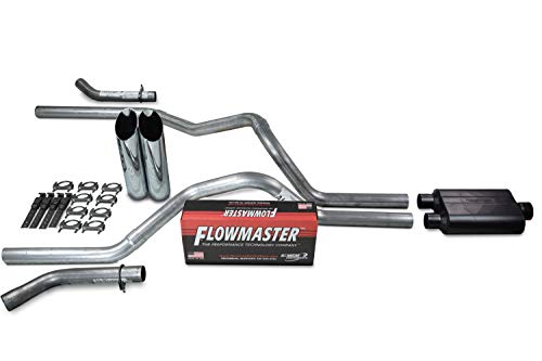 Truck Exhaust Kits - Shop Line dual exhaust system 2.5' Aluminized pipe Flowmaster Super 44 Muffler 2.5' With Slash Cut Chrome Tips and Corner Exit for Silverado, Sierra, F-Series,& Ram