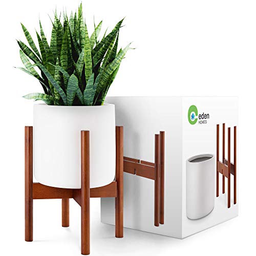 EdenHomes Mid Century Modern Plant Stand with Pot Set. 10 Inch Flower Pot - White Plant Pot with 14 Inch Tall Plant Holder. Modern Indoor Planter with Stand Decor