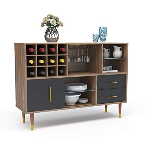 Mecor Kitchen Sideboard Buffet, Storage Cabinet Server Cupboard, Console Table w/Wine Rack, Goblet Rail, Open Shelves and Drawers, Walnut/Black