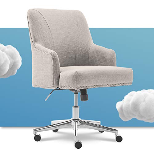 Serta Leighton Home Office Chair with Memory Foam, Height-Adjustable Desk Accent Chair with Chrome-Finished Stainless-Steel Base, Twill Fabric, Light Gray