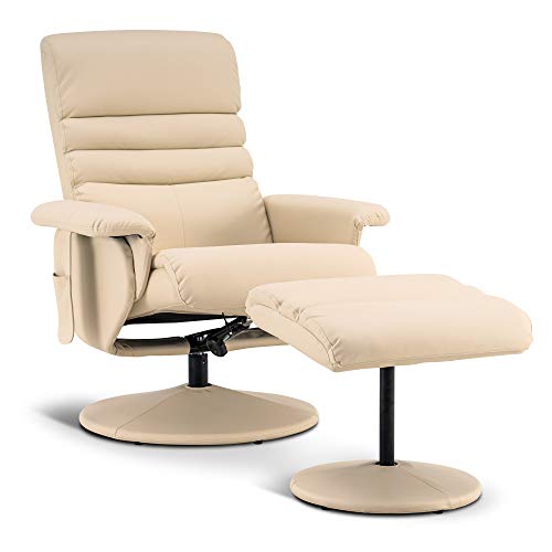 Mcombo Recliner with Ottoman, Reclining Chair with Massage, 360 Swivel Living Room Chair Faux Leather, 7902 (Creme White)