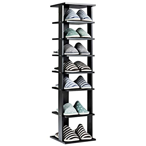 Tangkula Wooden Shoes Racks, Entryway Shoes Storage Stand, Modern 7 Tiers Shoe Rack Organizer, Space Saving Vertical Shoe Rack, Storage Shelf (Black, Single)