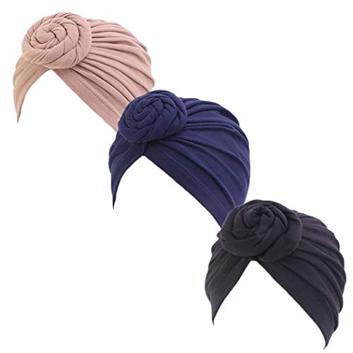 DANMY Women's Autumn Winter Knotted Hat Wrap Cap India's Hat Turban Headwear (Khaki/Navy/Black-3pcs)