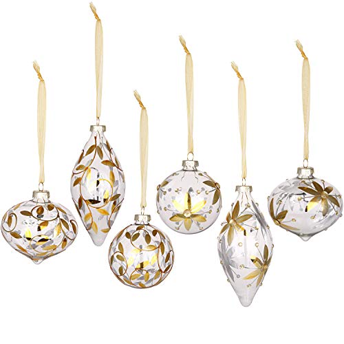 Sea Team Christmas Clear Glass Ball Ornaments Finial Drops Pendants with Gold Floral Designs for Xmas Tree Decorations, 70mm/2.76-inch, Set of 12