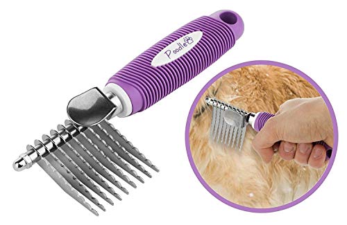 Poodle Pet Dematting Fur Rake Comb Brush Tool - with Long 2.5 Inches Steel Safety Blades for Detangling Matted or Knotted Undercoat Hair.