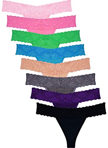 Sunm boutique Pack of 8 Women's Thin Lace Hollowed Out T Back Low Waist Ice Silk Sexy Cheeky Thong See Through Panties, Medium