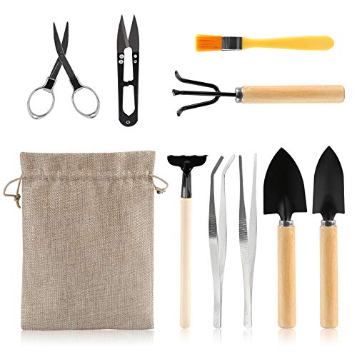 LIHAO 9 Piece Basic Bonsai Tools Set, Includes Pruning Shears, Mini Rake, Fold Scissors and More