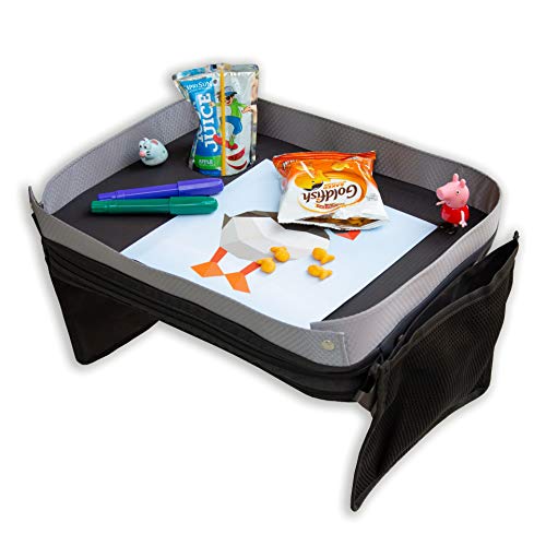 Modfamily Travel Tray for Kids-Lap Desk Organizes Snacks and Activities for Car, Airplane-Compatible with Any Car Seat/4-Sided Sturdy Walls, 2 Large Storage Pockets, Wear As Messenger Bag Or Backpack