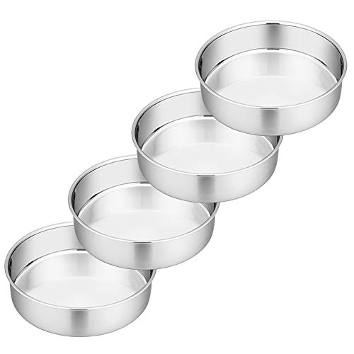 6 Inch Cake Pan, P&P CHEF 4-Piece Stainless Steel Round Baking Pans Layer Cake Pans Tin Set, Non Toxic & Healthy, Mirror Polished & Dishwasher Safe