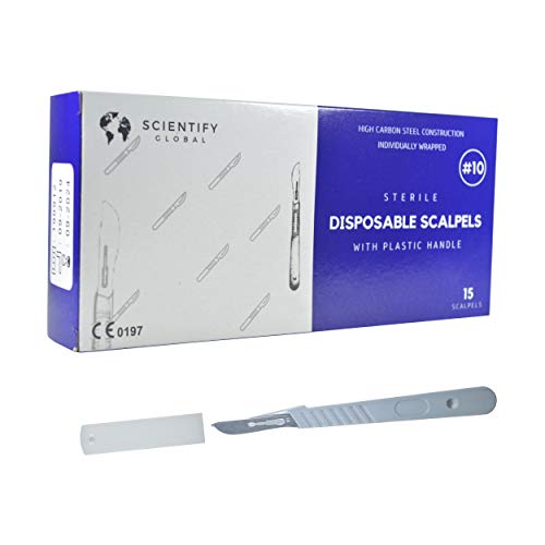 Disposable Sterile Scalpels (15 Pack) - Size #10 High Carbon Steel Blades with Plastic Handle for Dermaplaning, Crafts, Podiatry, Wood Model Making, Mycology, Plant Cutting & More