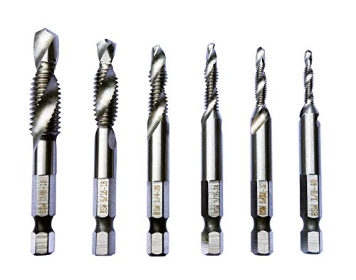 （Imperial Units）HSS 4341 Combination Drill and Tap Bit Set Fractional inch 1/8'', 5/32',3/16',1/4',5/16',3/8'with 1/4” Hex Shank and Spiral Flute Tapping Tool Set Kit Hand Tool of 6pcs