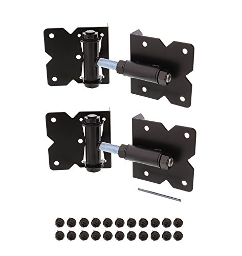 7Penn Self-Closing Black Gate Hinge 2-Pack with Installation Screws and Swing Adjuster Tool – Outdoor Vinyl/Wood Fence