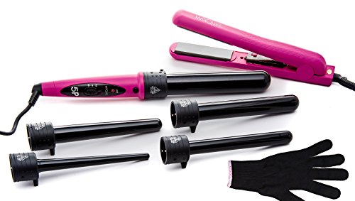Marquee Beauty Professional Salon 8 Piece Flat And Curling Iron Set, 5 Interchangeable Ceramic Tourmaline Barrels, Heat Protectant Glove (Pink)