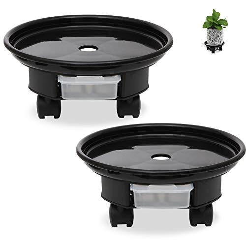 2 Pack Plant Caddy with Wheels 9 Inch Planter Tray Coaster Rolling Casters Plant Saucer with Locking for Indoor & Outdoor, Plastic Plant Trays Flower Plant Pot Plant Container Accessories, Black