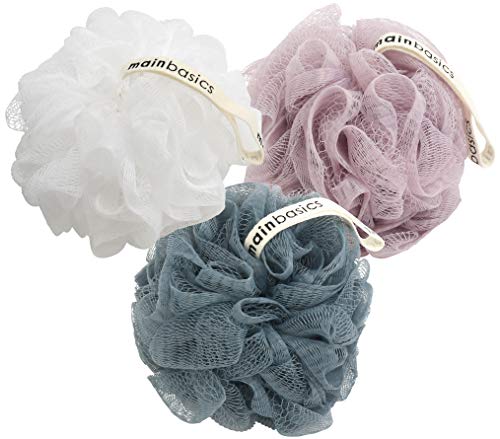 MainBasics Shower Loofah for Women, Men, and Kids – 3 Gently Exfoliating Sponge Loofahs with Fine Mesh Produce Rich Lathers to Cleanse Skin and Lightly Remove Dead Cells – Soothing Skin Care
