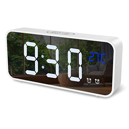 ORIA Digital Alarm Clock, Mirror LED Music Digital Clock, Voice Control, 4 Adjustable Brightness, Dual Alarms, Temperature, Snooze, USB Charging Port for Bedroom, Bedside, Office, Kids, Elderly