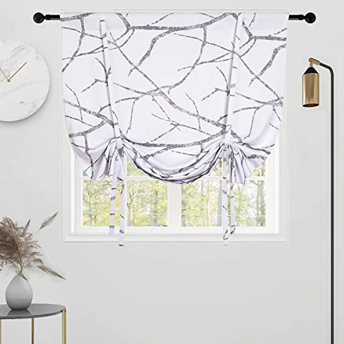 JUJOLY Tree Branch Abstract Thermal Insulated Blackout Adjustable Balloon Tie Up Curtain Shade for Small Window,Kitchen,Café Window,Living Room Rod Pocket 45 Inch by 63 Inch,Sliver Gray and White