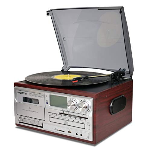 LoopTone Vinyl Record Player 9 in 1 3 Speed Bluetooth Vintage Turntable CD Cassette Player AM/FM Radio USB Recorder Aux-in RCA Line-Out