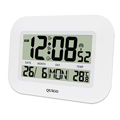 QUIGO Atomic Wall/Desk Clock Date&Temperature,Large Display,Battery Operated-Easy Reading (White)