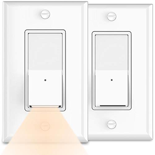 2PACK Decorator Paddle Rocker Light Switch with Night Light,3 Wire, Residential Grade 15 Amp,120Volt,Single-Pole SwitchLight,LED Guidelight for Bathroom,Bedrom,No Wall Plate Cover,Warm White LED