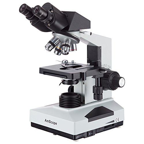 AmScope B490B Compound Binocular Microscope, WF10x and WF20x Eyepieces, 40X-2000X Magnification, Brightfield, Halogen Illumination, Abbe Condenser, Double-Layer Mechanical Stage, Sliding Head, High-Resolution Optics, Anti-Mold