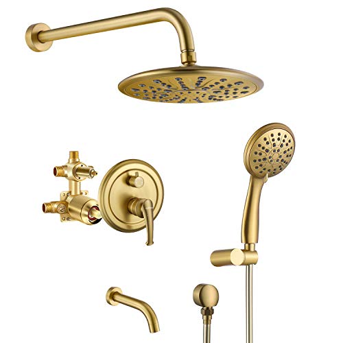 Shower Faucet, Wall Mounted Shower System, High Pressure Rain Shower head and Handheld Shower Head with Tub Spout, Brushed Gold