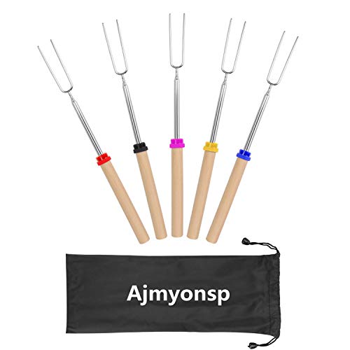 Ajmyonsp Marshmallow Roasting Sticks with Wooden Handle Extendable Forks Set of 5Pcs Telescoping Smores Skewers for Campfire Firepit and Sausage BBQ, 32 Inch