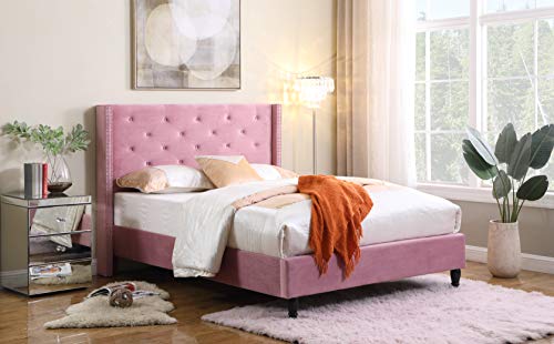 Home Life Premiere Classics Velour Pink 51' Tall Headboard Platform Slats Queen-Bed 5 Year Warranty 007 Queen-007