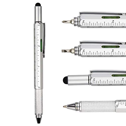 DunBong Metal Multi tool Pen 6-in-1 Stylus Pen - With Screwdriver, Phillips Screwdriver, Flathead Bit Slotted Screwdriver, Ballpoint Pen Black ink, Stylus pen, Bubble Level and Ruler (Silver)