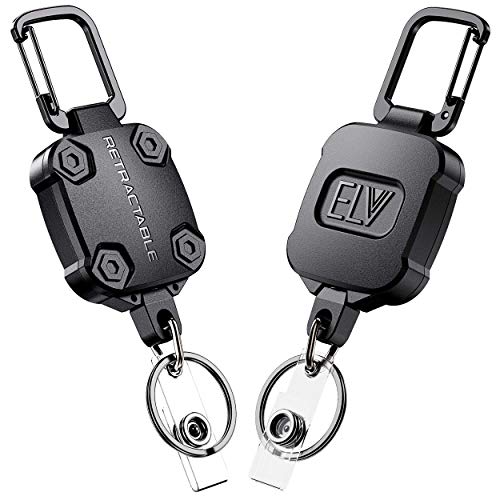 E LV Self Retractable ID Badge Holder Key Reel, Heavy Duty, 32 Inches Cord, Carabiner Key Chain Keychain, Hold Up to 15 Keys and Tools (2 Pack)