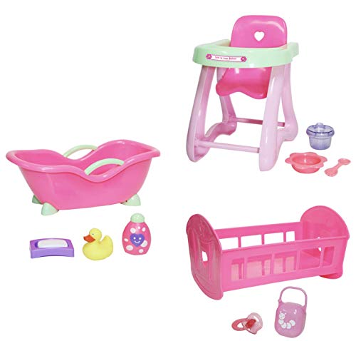 JC Toys Deluxe Doll Accessory Bundle | High Chair, Crib, Bath and Extra Accessories for Dolls up to 11' | Fits 11' La Baby & Other Similar Sized Dolls