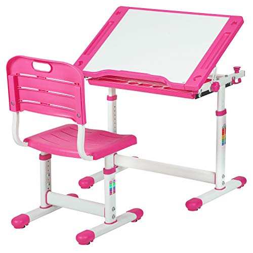 Children Desk Kids Study Child School Adjustable Height Children's Table Chair Set with Storage for Kids-Pink