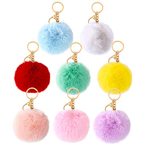 8 Pieces Pom Poms Keychains Faux Rabbit Fur Pompoms Keyring Plush Ball Key Ring Cute Fluffy Pompoms Keychain for Girls Women Hats Shoes Bags Accessories (8 pcs)