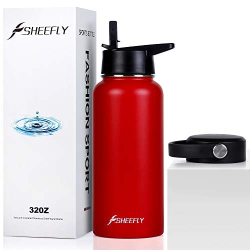 SHEEFLY 32oz Insulated Water Bottle, Double Walled Vacuum 18/8 Stainless Steel Powder Coated–Leak Proof, BPA free, Keep Hot or Cold for Sports Travel+Wide Mouth with Straw Lid & Cleaning Brush(Red)