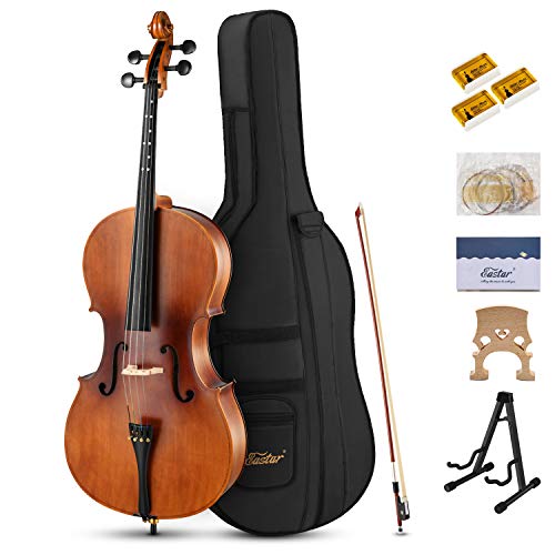 Eastar EVC-1 4/4 Acoustic Cello Matt Natural Varnish with Imprinted Finger Guide on Fingerboard for Students Beginners with Cello Stand, Case, Bow, Bridge, Rosin, Extra Set of Strings (Full Size)