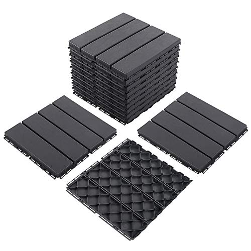 Domi Outdoor Living Patio Deck Tiles, 12 x 12 inches Composite Interlocking Decking Tile, Four Slat Plastic Outdoor Flooring, 9 Pieces One Pack, Dark Grey