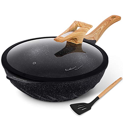 Chinese Wok Nonstick Die-casting Aluminum Scratch Resistant 100% PFOA Free Induction Woks And Stir Fry Pans with Glass Lid 12.6Inch,5.9L,5.6lb - Black