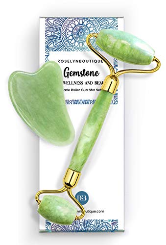 RoselynBoutique Jade Roller for Face and Gua Sha Set - Beauty Cosmetic Facial Skin Roller Massager Tool - Original Handcraft Natural Green Jade