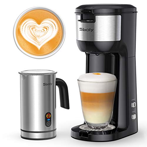 Sboly Single Serve Coffee Maker & Milk Frother, Coffee Brewer for K-Cup and Ground Coffee, Cappuccino Machine and Latte Maker Bundle