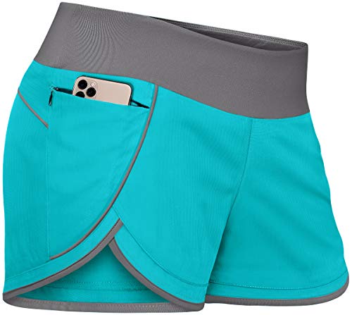 Fulbelle Shorts for Women Athletic, Teen Girls Gym Workout Clothes Sports Yoga Training Jogger Short with Pockets 2 in 1 Graceful Adorable Lined Decor Board Running Pajamas Teal Large