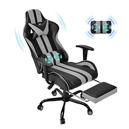 Massage Racing Chair for Gaming,PC Gaming Chair,Video Game Chair,Computer Chair, E-Sports Chair,Ergonomic Office Chair with Retractable Footrest and Adjustable Headrest and Lumbar Support(Cool Grey)