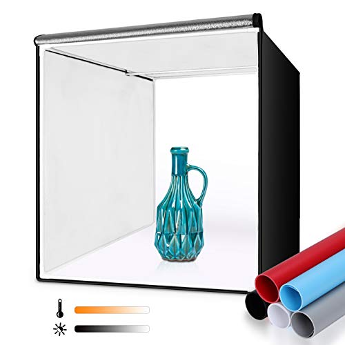 FOSITAN Photo Studio Light Box 24'/60cm Dimmable Photography Lighting Shooting Tent Kit with 2 Bi-Color Led Light Bars 252 LED Light Beads 5 Colors Backgrounds (with Black Blue White red Gray)