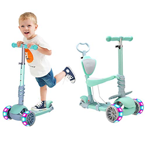 5 in 1 Kids Kick Scooter, 3 Wheels Walker with Removable Seat and Back Rest, 4 Adjustable Height, Light Up Wheels for Toddlers 3-6 Years Old Support 50 kg