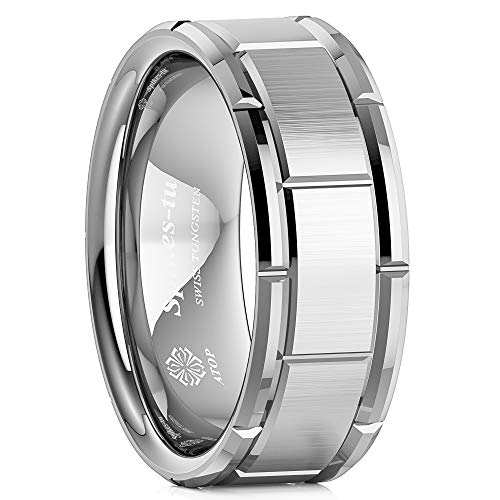 ATOP 8Mm Silver Tungsten Carbide Ring Brushed Surface Brick Pattern Comfort Fit Wedding Band Ring Men Jewelry Luxury Style Gift (11.5)